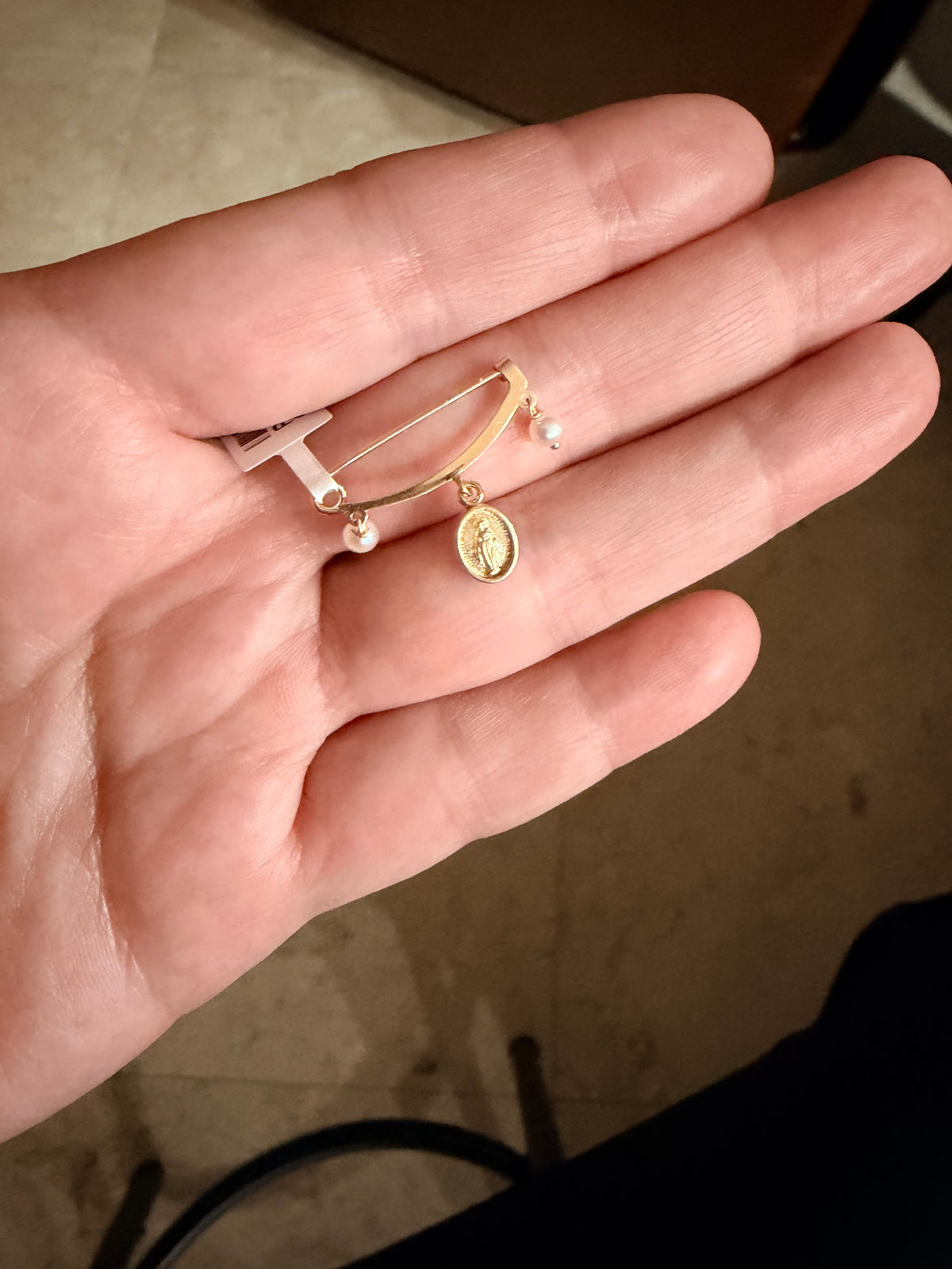 14K Yellow Gold Miraculous Medal and Pearl Baby Pin