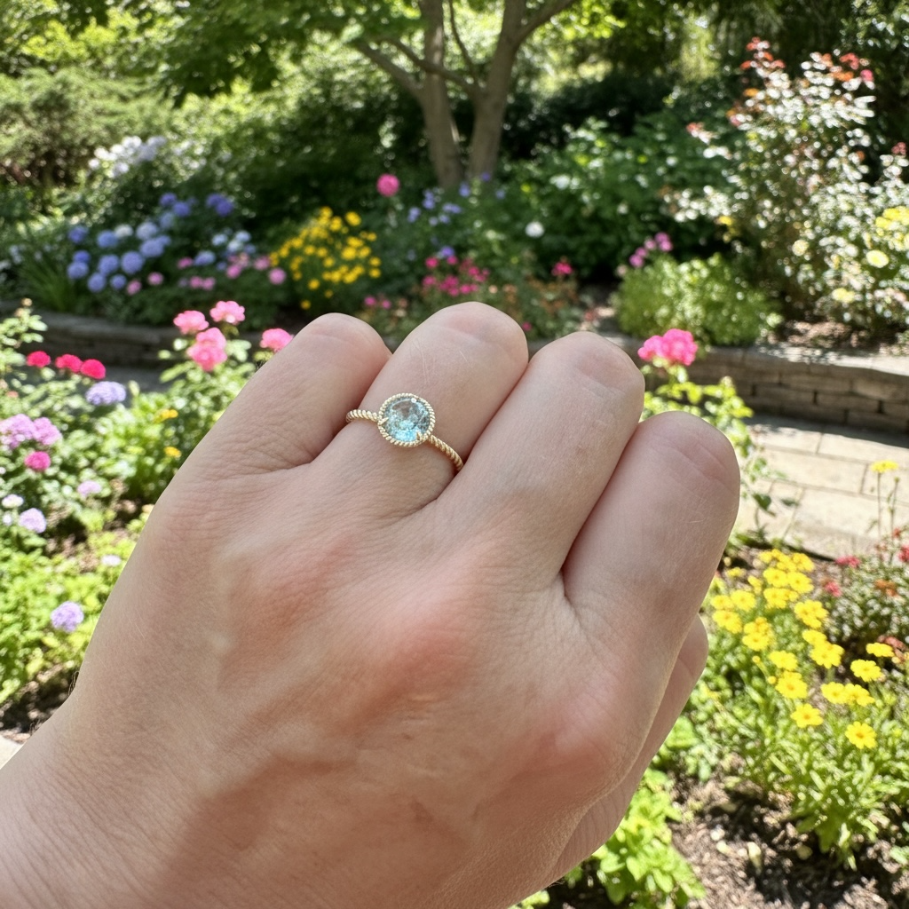 Hand wearing a gold ring with a blue topaz  gemstone in front of a garden with flowers