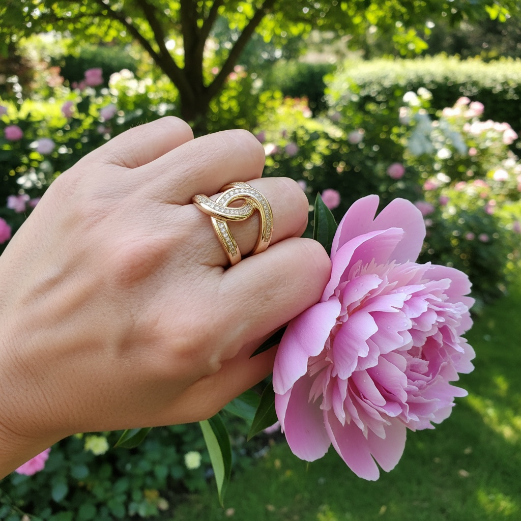 14K Gold Natural Diamond Interlocking Love Knot Statement Ring
