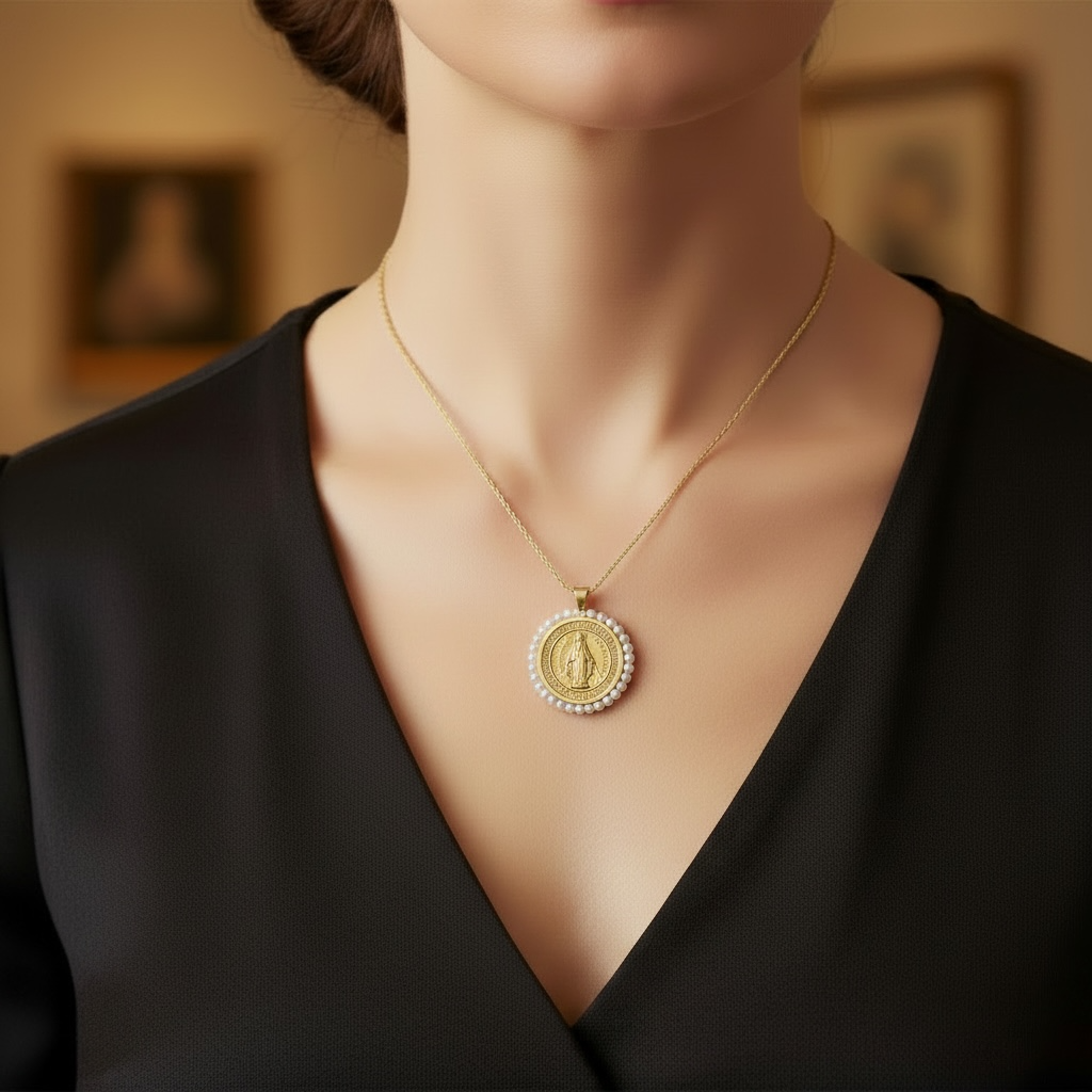 Large Round Miraculous Medal With Mini Pearls Pendant-23mm
