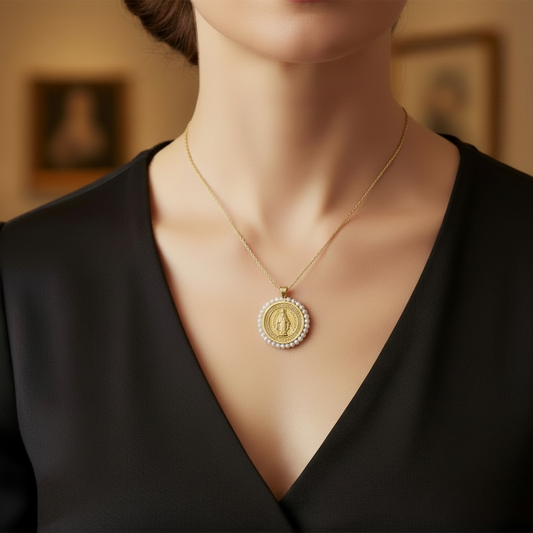 Large Round Miraculous Medal With Mini Pearls Pendant-23mm