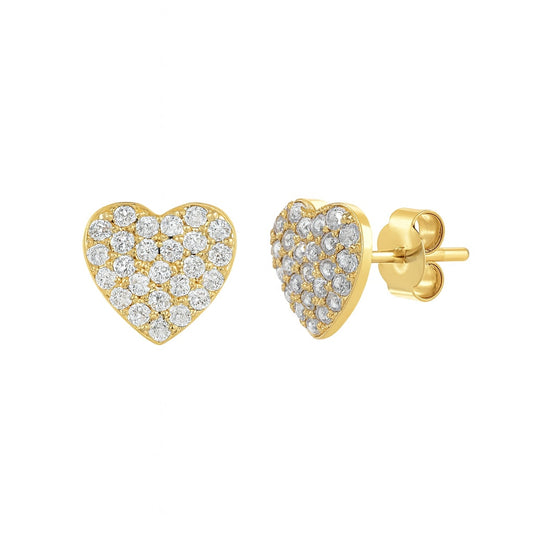 Heart-shaped gold earrings with clear gemstones on a white background