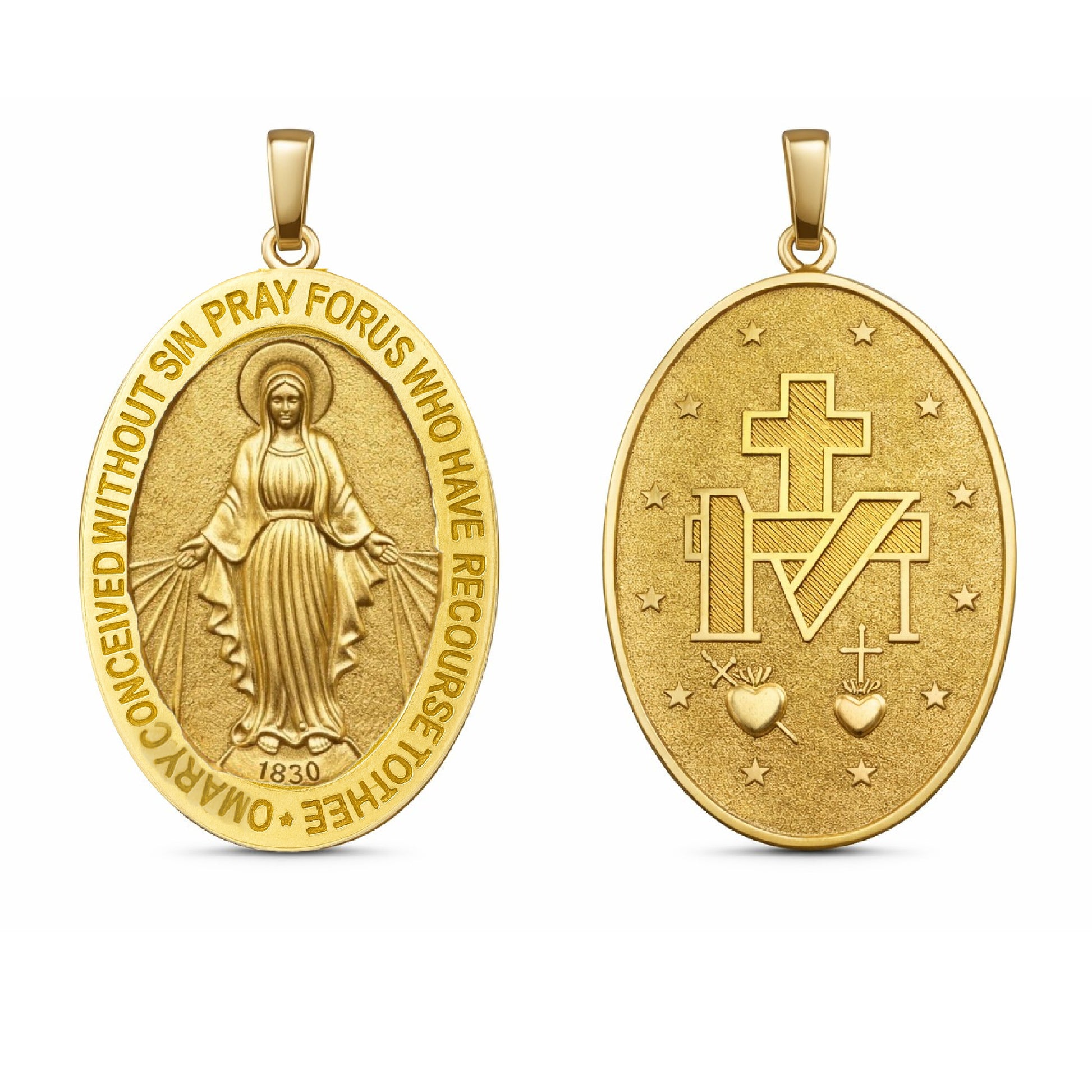 14K yellow gold Large oval Miraculous Medal view front/back of medal on a white background