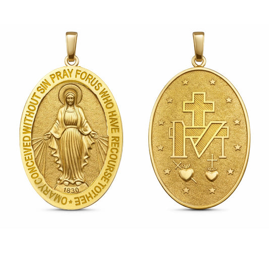 14K yellow gold Large oval Miraculous Medal view front/back of medal on a white background