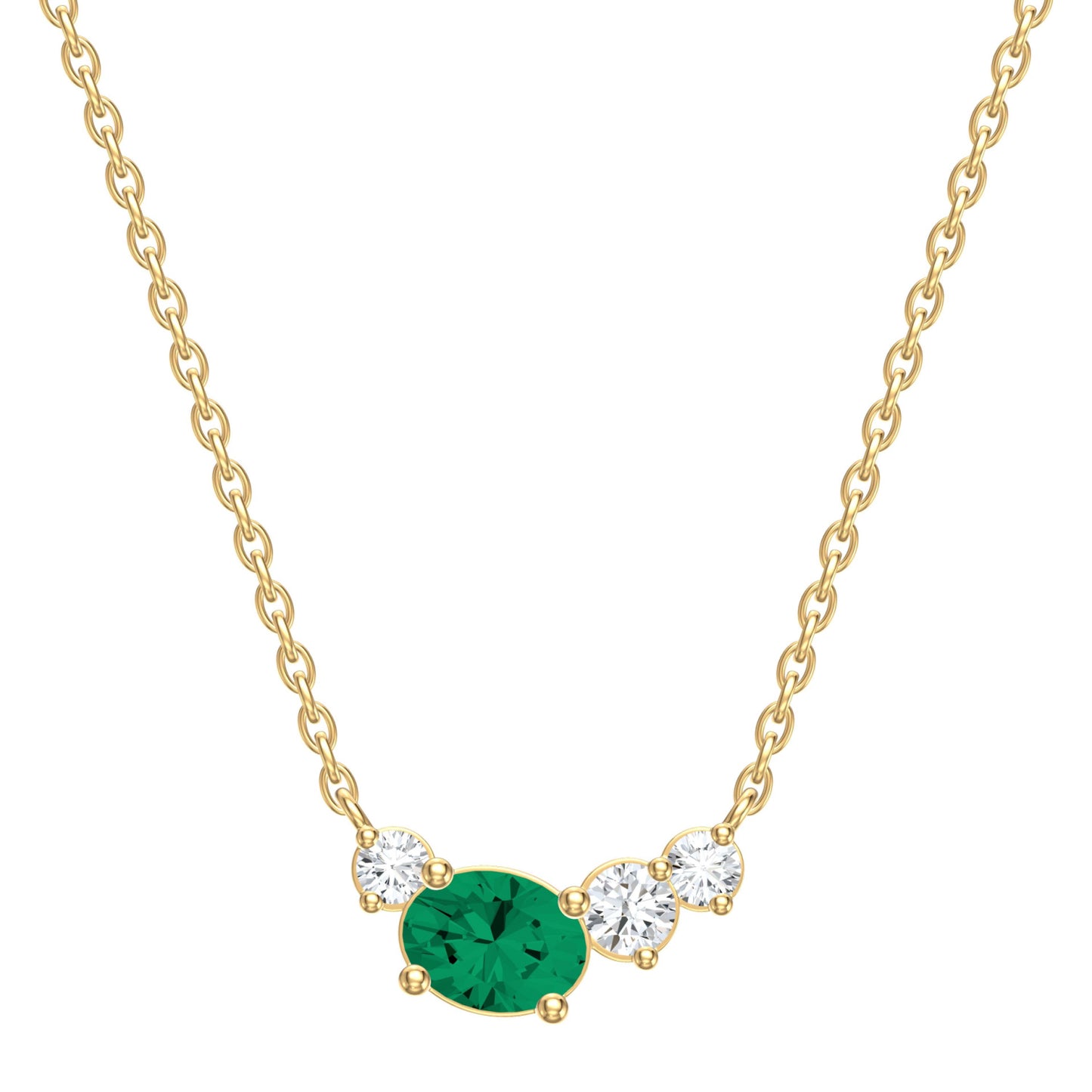 Gold necklace with a green emerald gemstone and three diamond stones on a white background