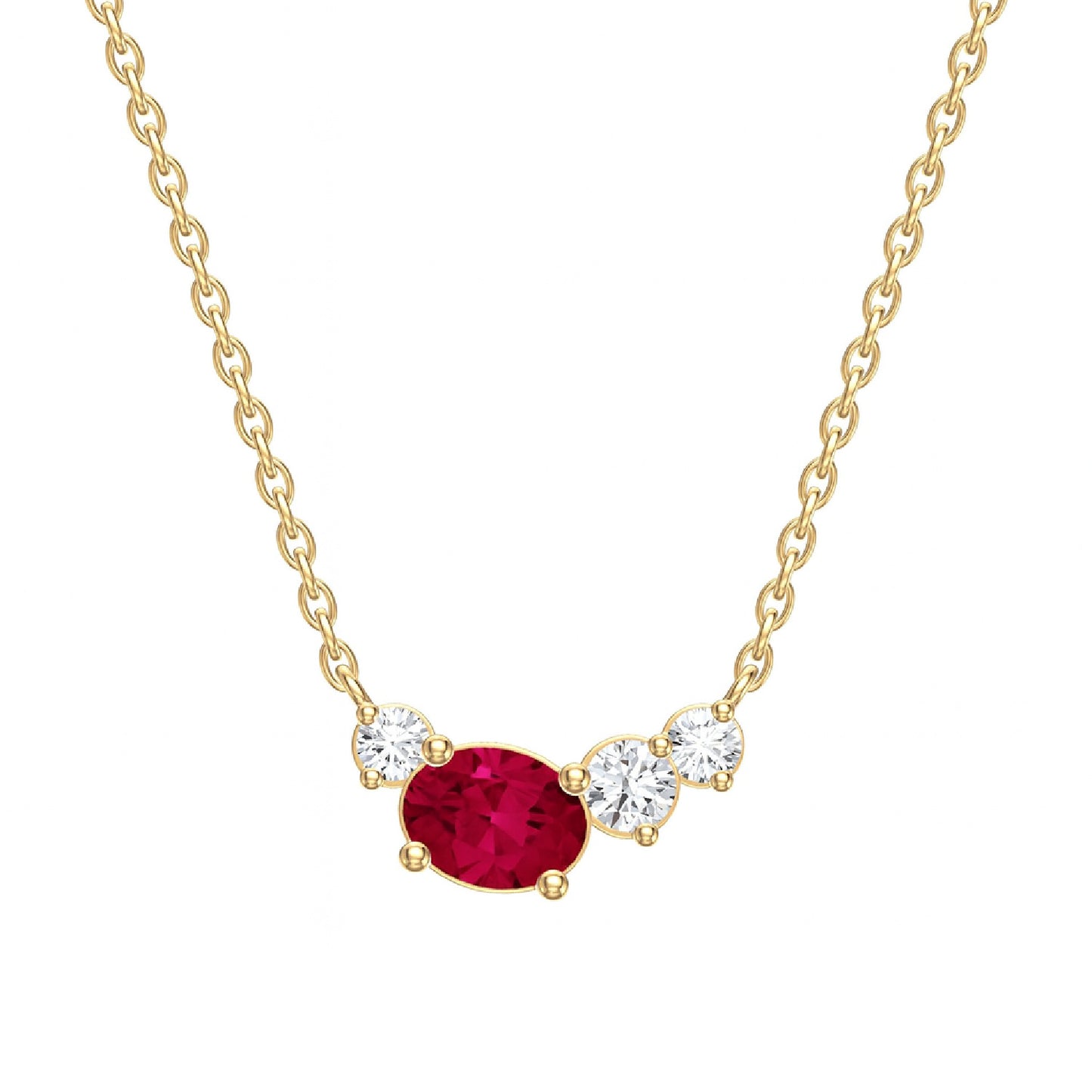 Gold necklace with a red ruby gemstone and small diamonds on a white background