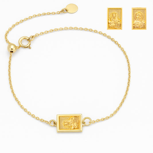 14K Gold bracelet with a single religious Scapular medal charm on the center of a delicate chain with adjustable length on a white background