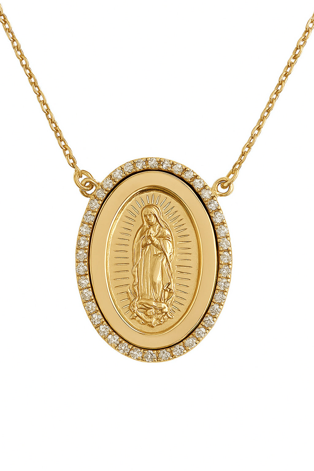 Gold necklace with a religious pendant guadalupe medal on a white background