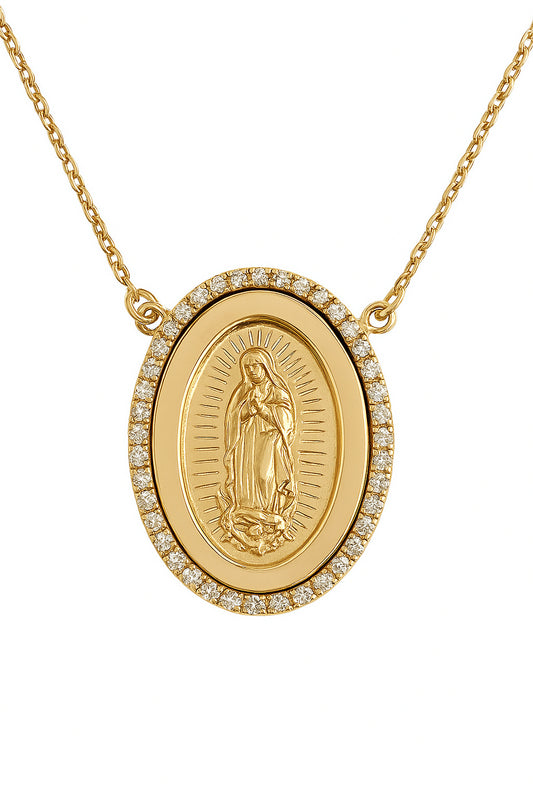 Gold necklace with a religious pendant guadalupe medal on a white background