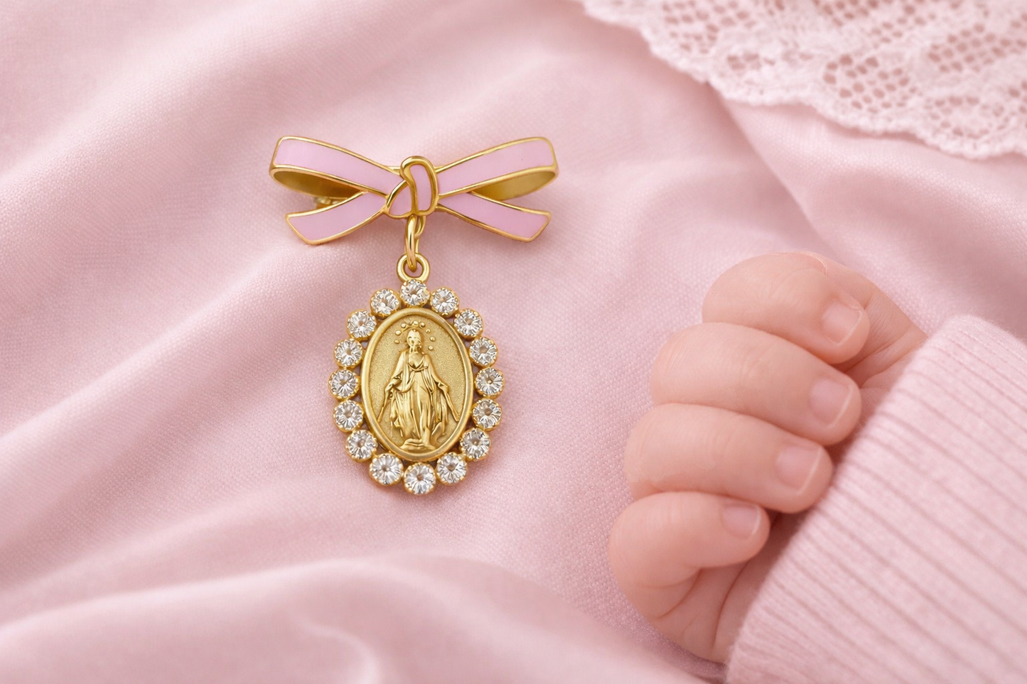 Pink Enamel Bow Baby Pin with CZ Miraculous Medal