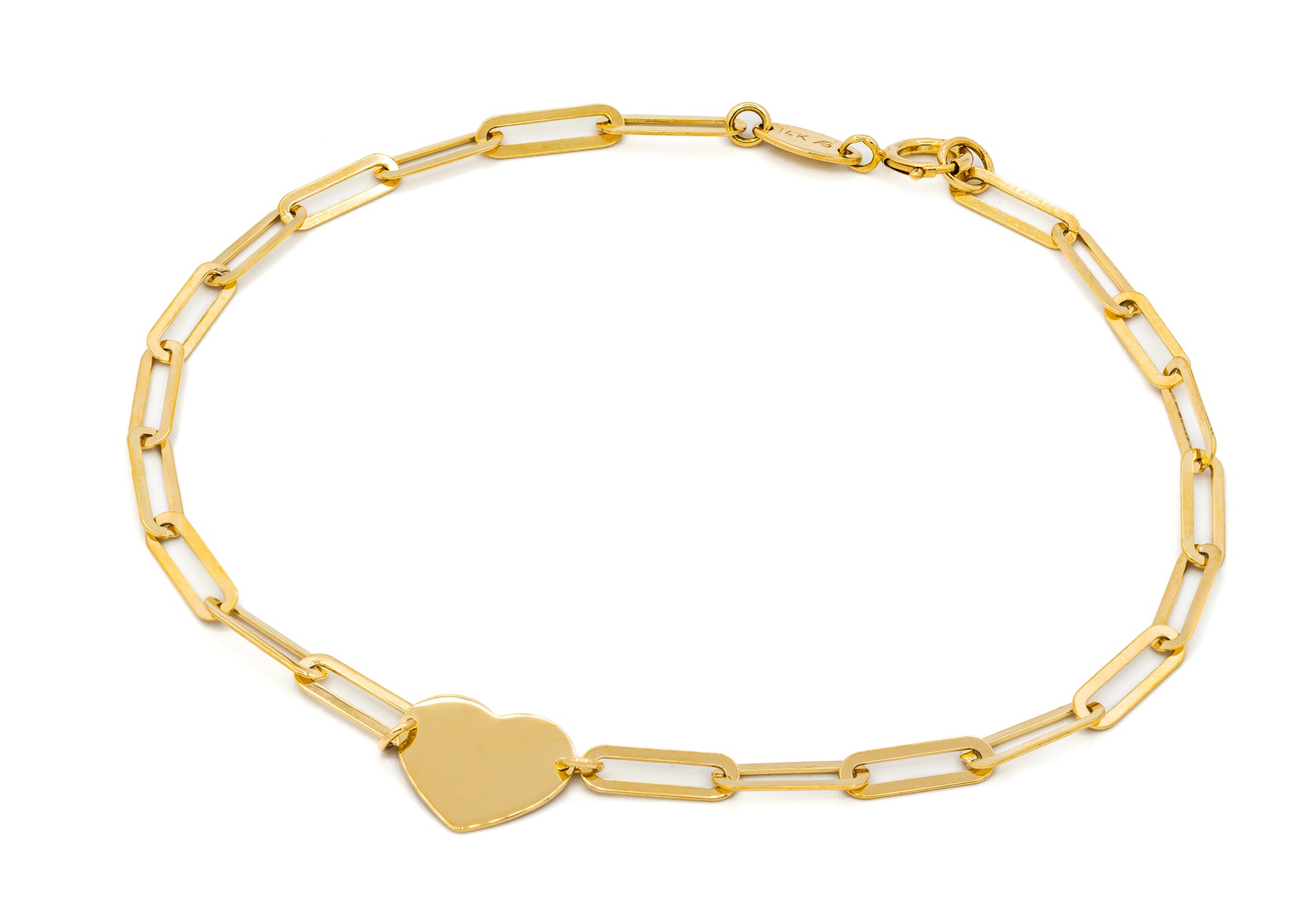 A gold bracelet featuring a single heart charm on a paperclip, crafted in solid 14 karat yellow gold.