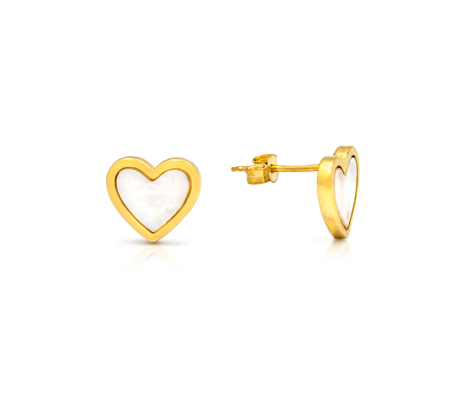 A pair of 14K gold heart-shaped earrings with mother of pearl inlays, displayed against a white background.
