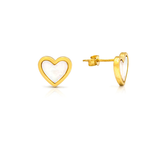A pair of 14K gold heart-shaped earrings with mother of pearl inlays, displayed against a white background.