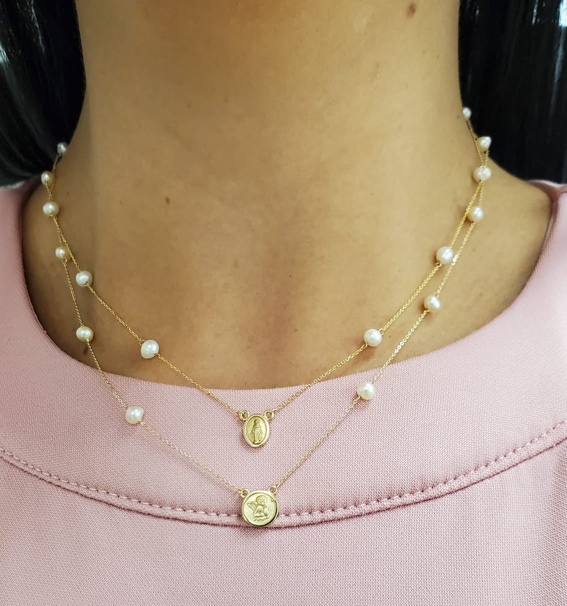 Angel Medal and Pearl Necklace