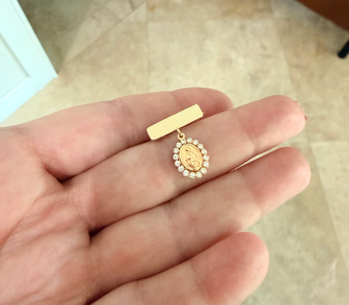 Engravable Plate CZ Miniature Miraculous Medal Baby Pin