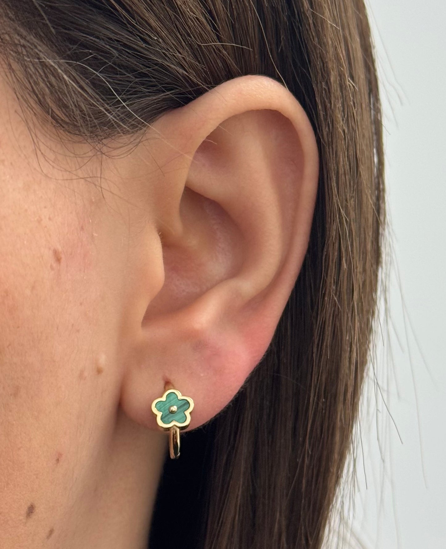 14K Gold Malachite Flower Huggie Earrings