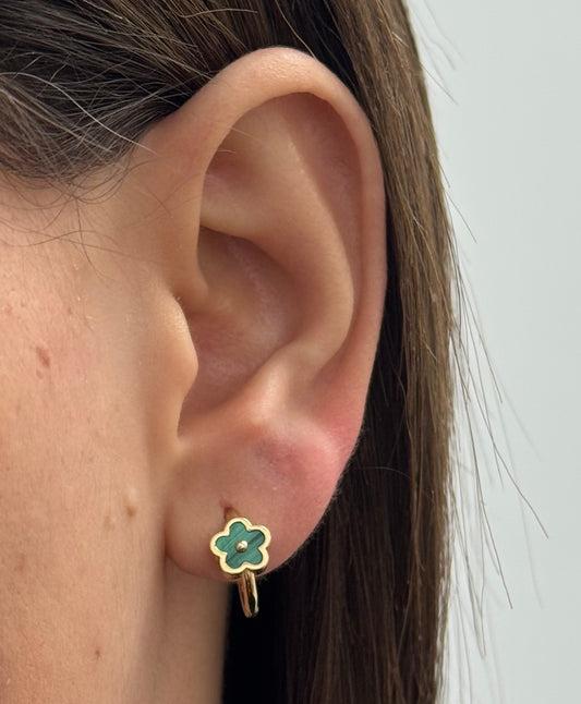 14K Gold Malachite Flower Huggie Earrings