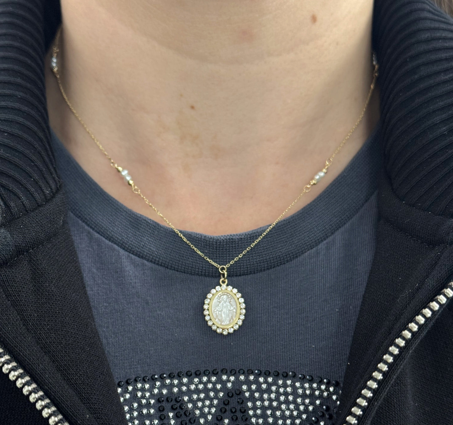Mother of Pearl Miraculous CZ Medal Necklace with Pearl y Bead Stations