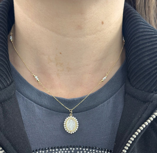 Mother of Pearl Miraculous CZ Medal Necklace with Pearl y Bead Stations
