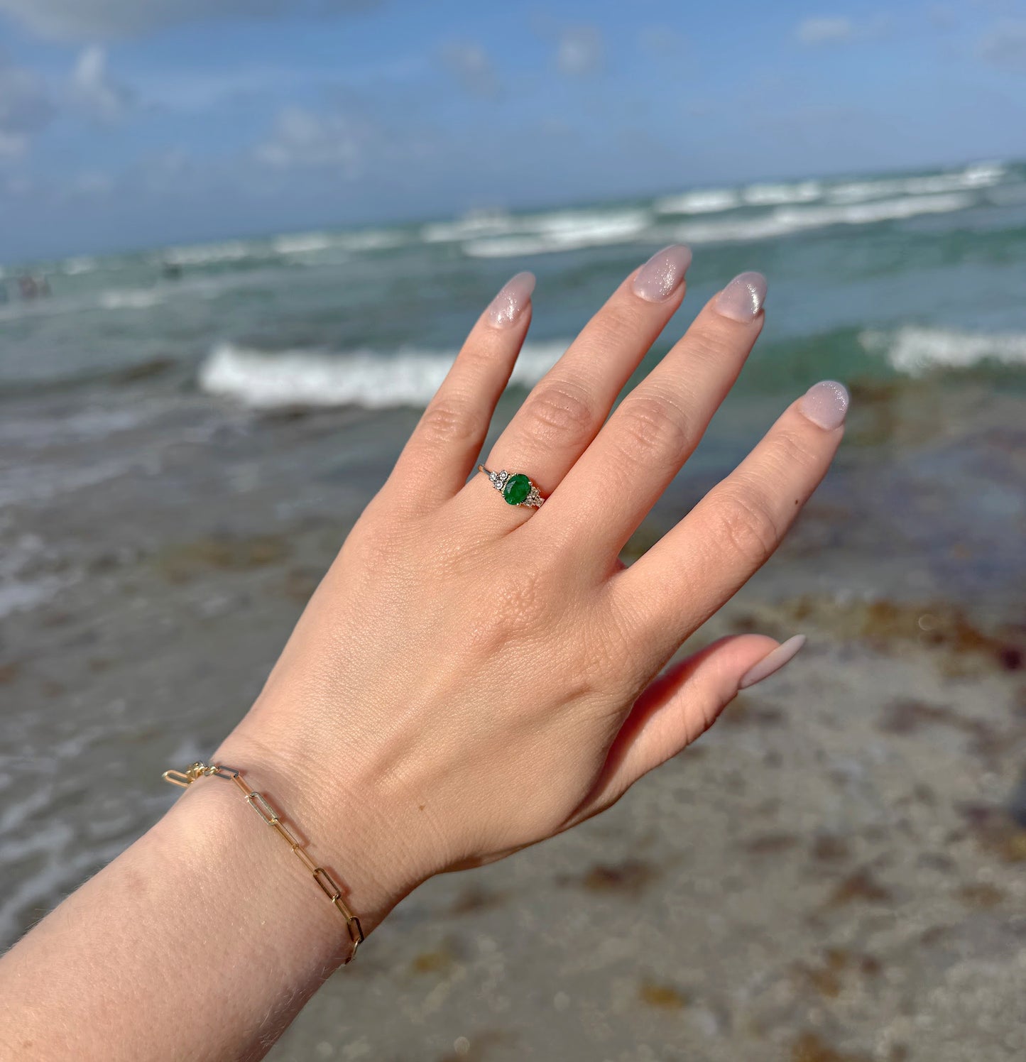 Oval Color Stone with Diamond  Illusions Ring