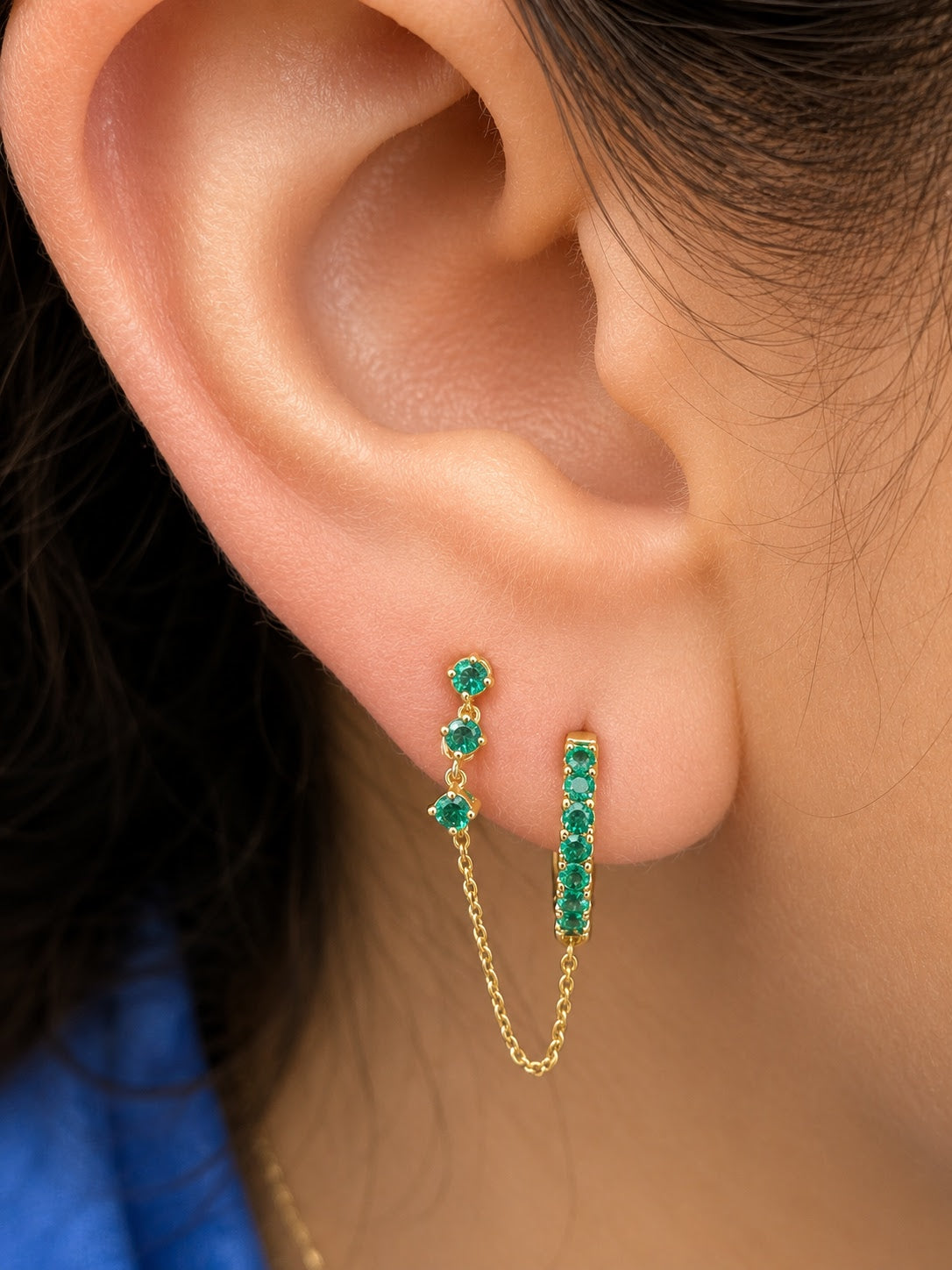 Color Stone Huggie and Stud Chain Earrings