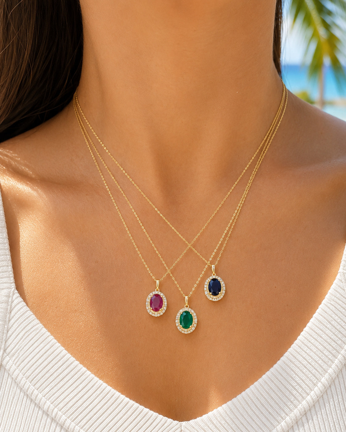 Diamond & Color Stone Double Halo Pendant Necklace