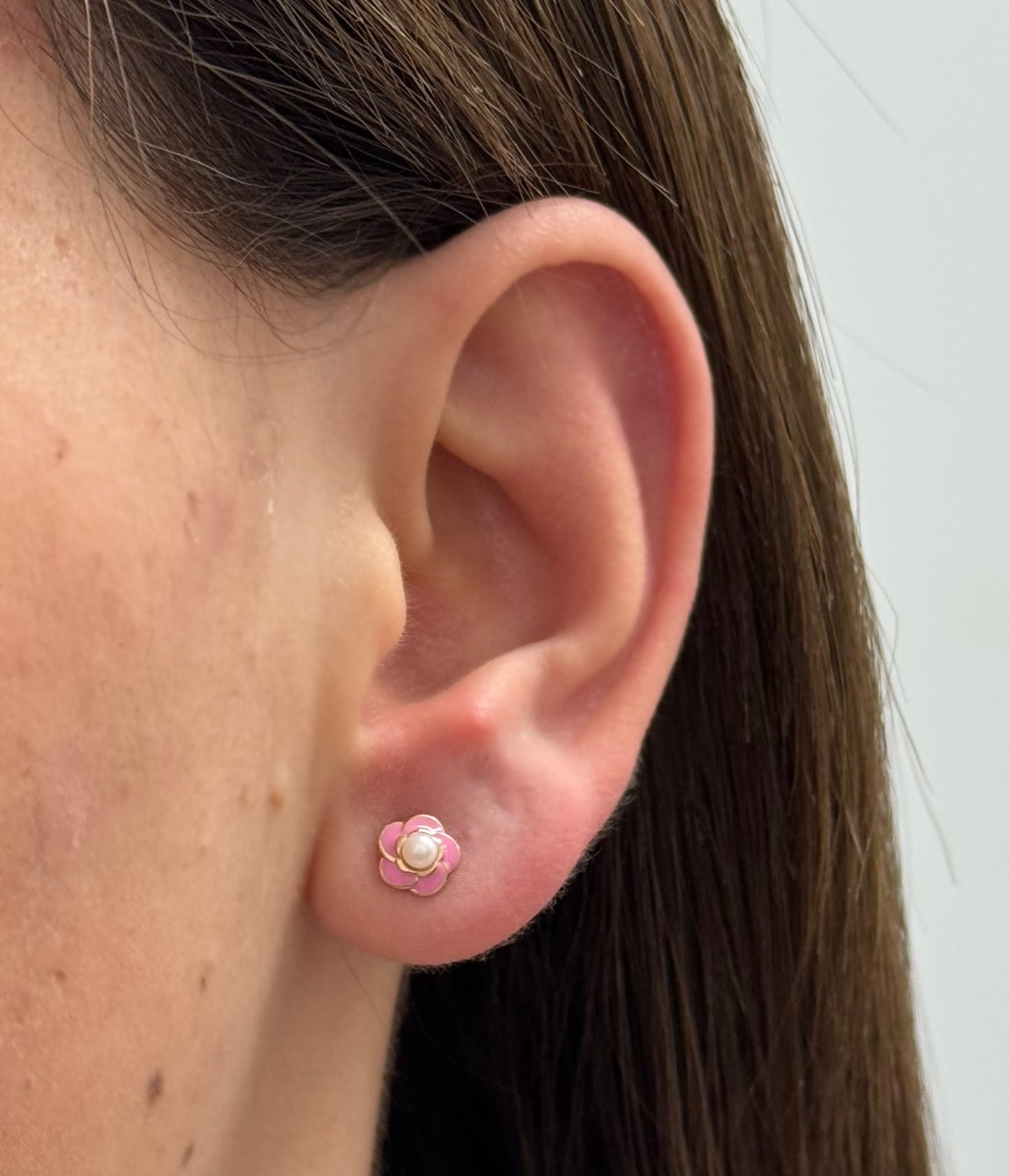 Pink Enamel Flower Pearl Baby Earrings