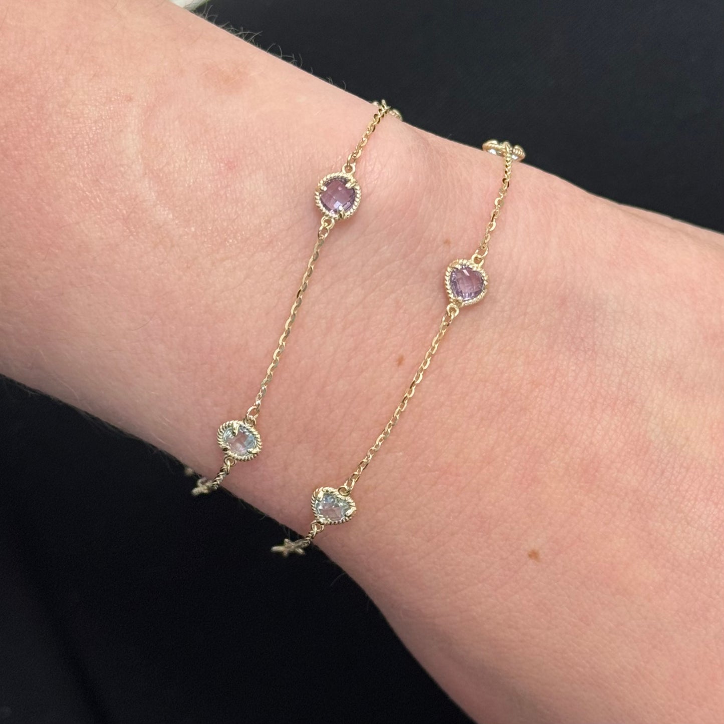 Rope Twist Halo Heart Amethyst & Blue Topaz Station Bracelet