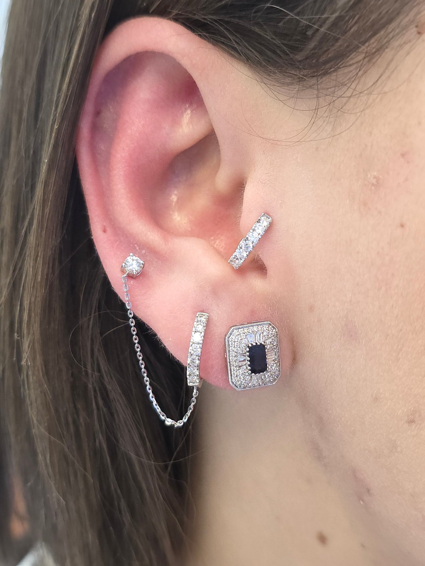 Single Chain Diamond Huggy and Stud Dangle Earring