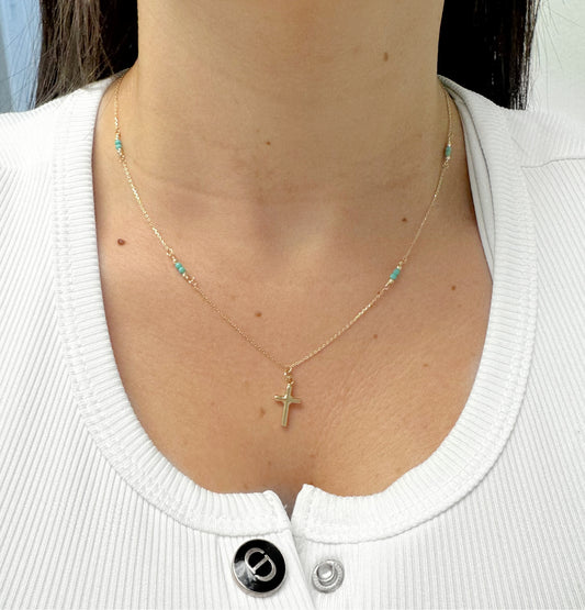 Tube Cross Necklace with Turquoise & Bead Stations