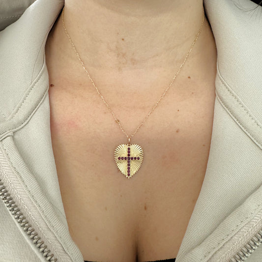 Large Radiating Gold Heart Medallion With Color Stone Cross Necklace