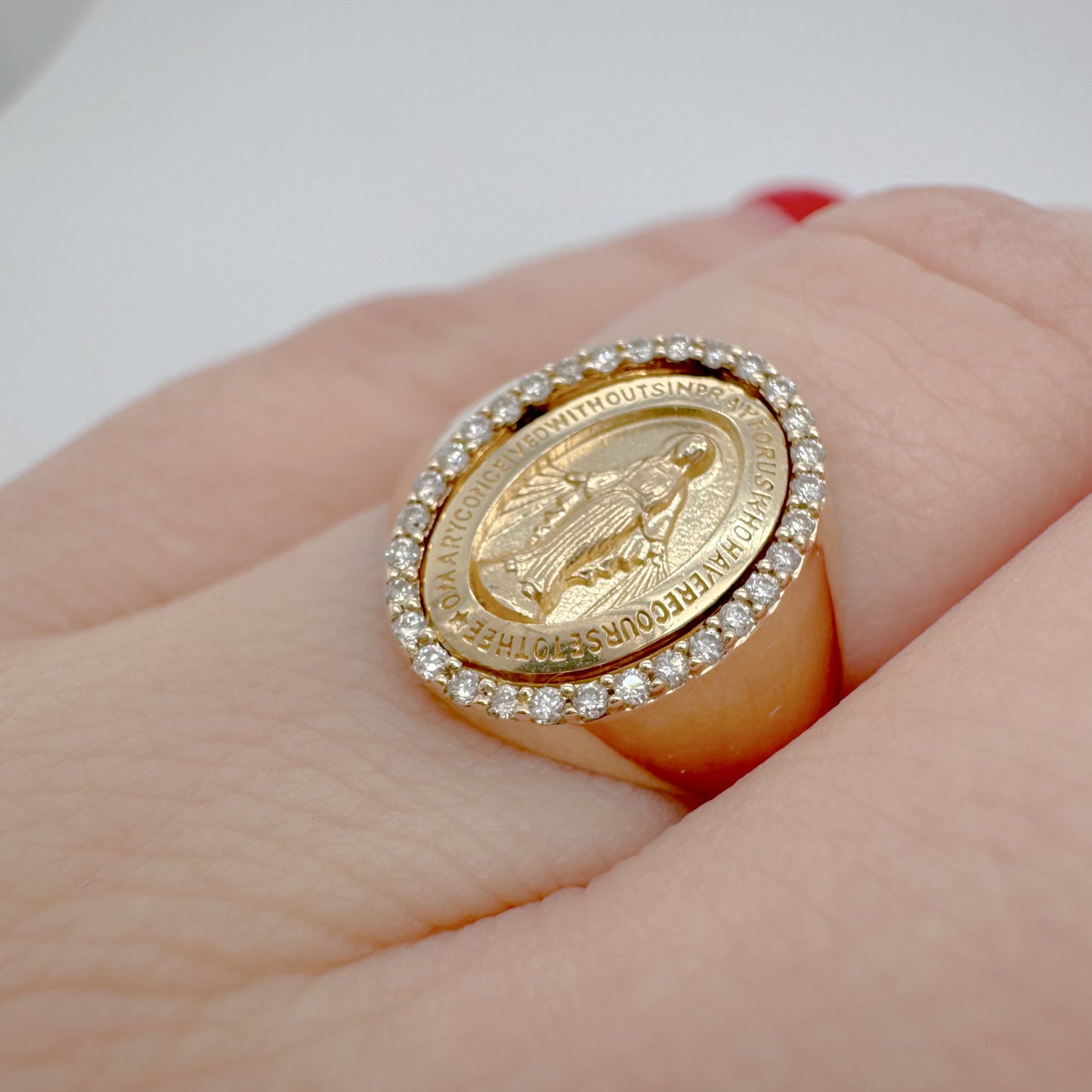 Dainty Diamond Miraculous Medal Signet Ring