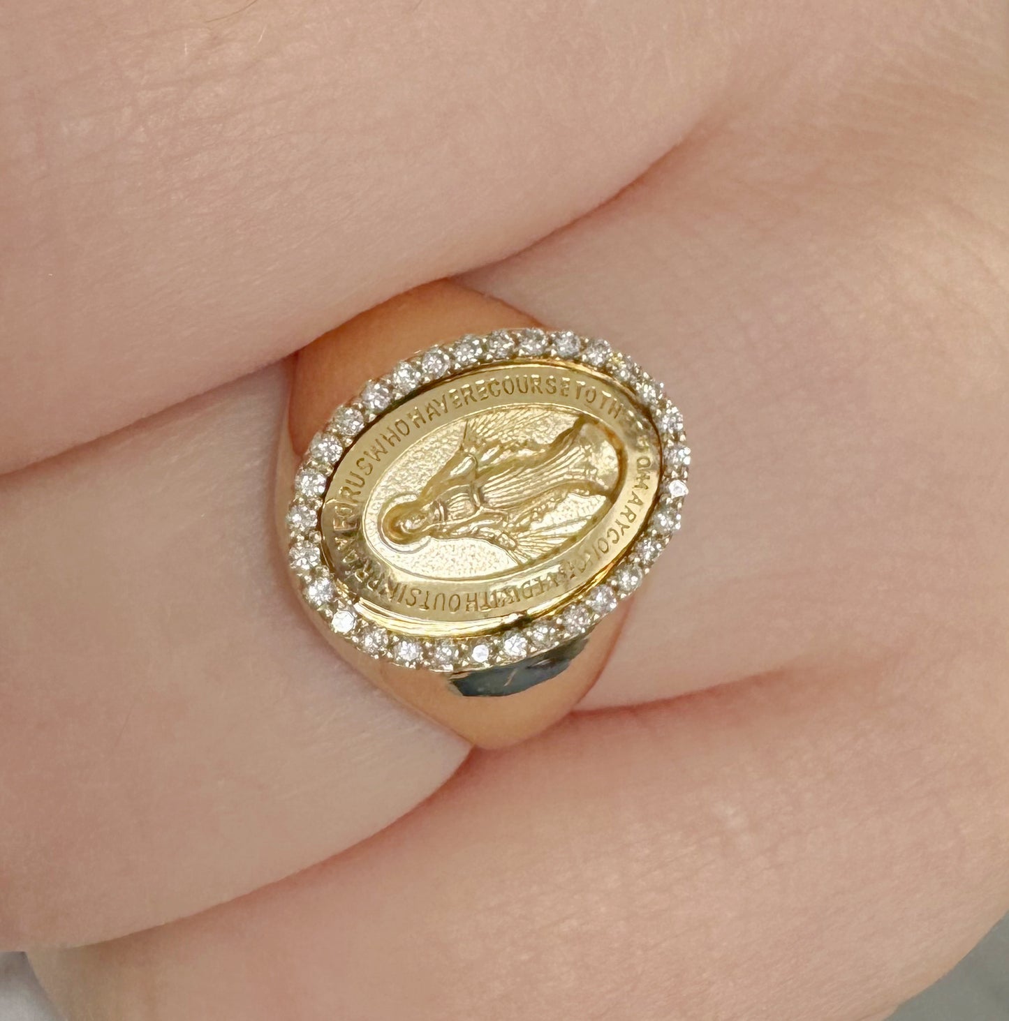 Dainty Diamond Miraculous Medal Signet Ring