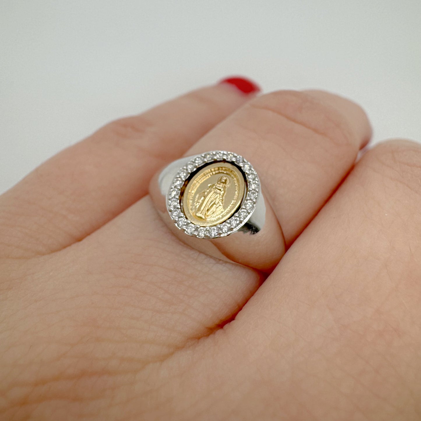 Dainty Mini Diamond Miraculous Medal Signet Ring