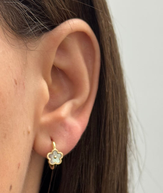 14K Gold Mother of Pearl Flower Huggie Earrings