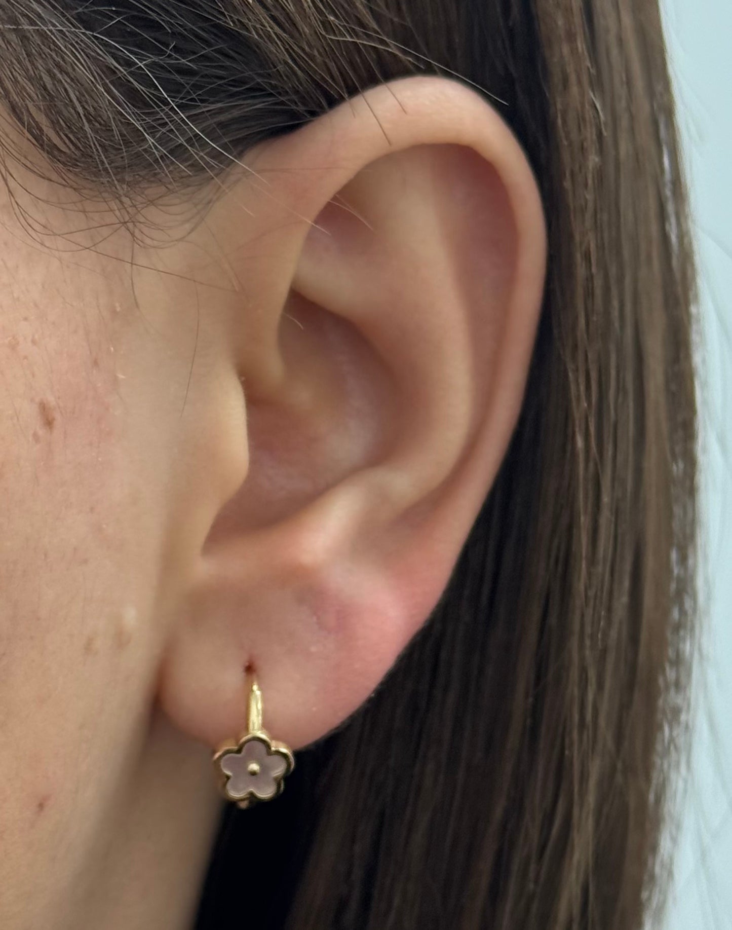 14K Gold Mother of Pearl Flower Huggie Earrings