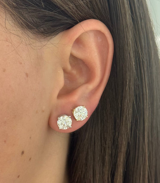 Yellow Gold Classic Round Lab Diamond Solitaire Stud Earrings 3.92cts tw