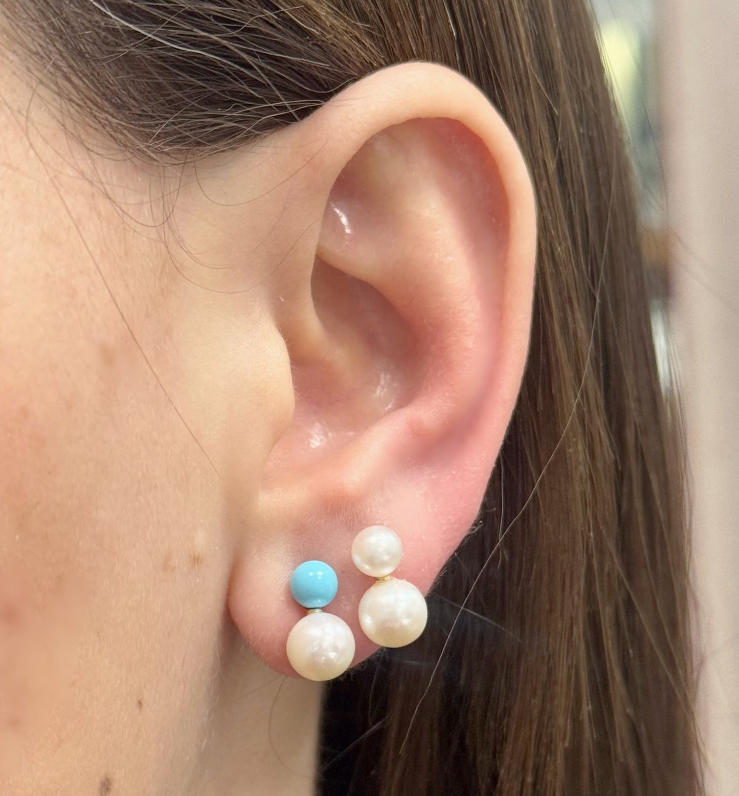 Peek-A-Boo Pearl or Pearl & Turquoise Earrings with Silicone Screwback