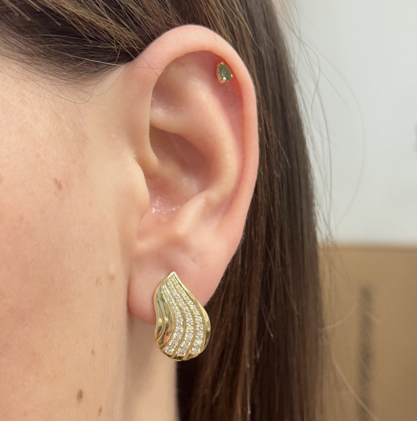 14K Yellow Gold Diamond Leaf Earrings