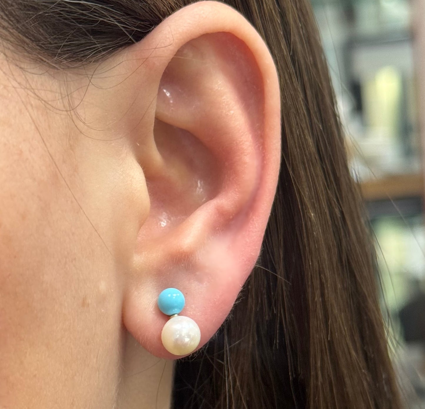 Peek-A-Boo Pearl or Pearl & Turquoise Earrings with Silicone Screwback