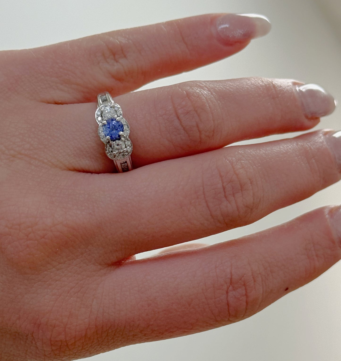 Three Stone Luxe Tanzanite and Diamond Ring 14K White Gold