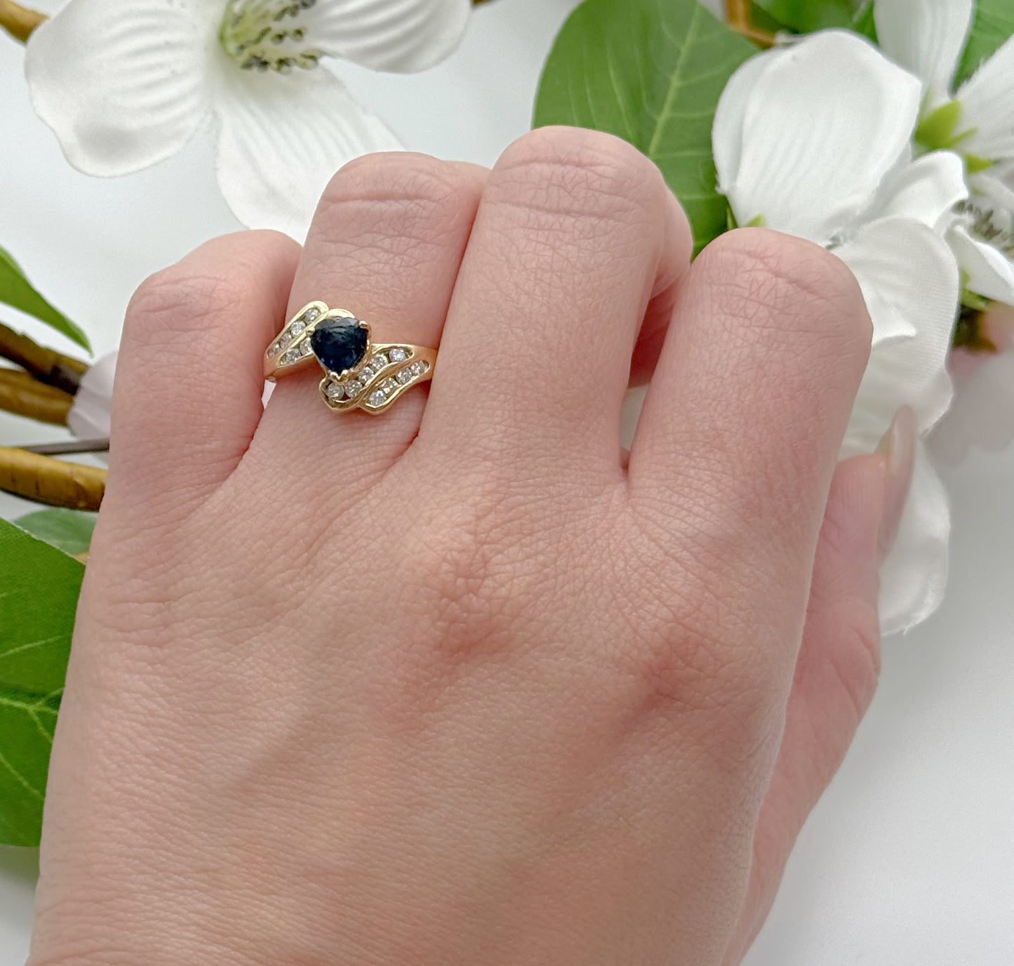14K Yellow Gold Heart Shape Blue Sapphire & Diamond Wave Ring
