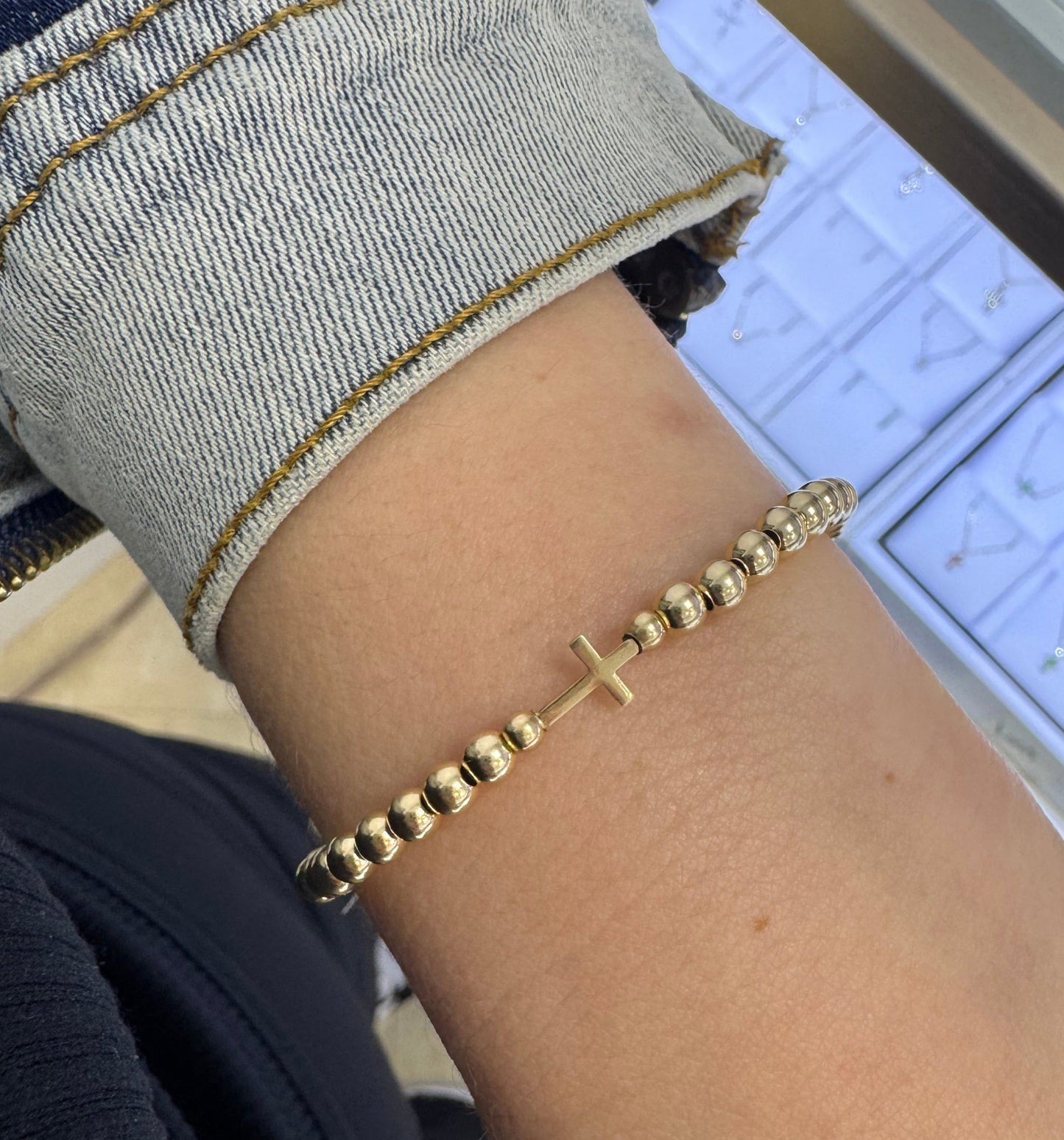 Mini Gold Cross Gold Filled Bead Elastic Bracelet