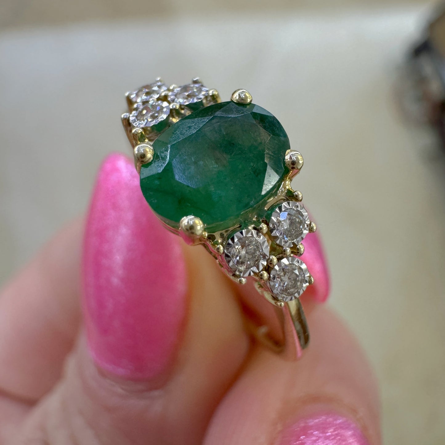 Oval Color Stone with Diamond  Illusions Ring