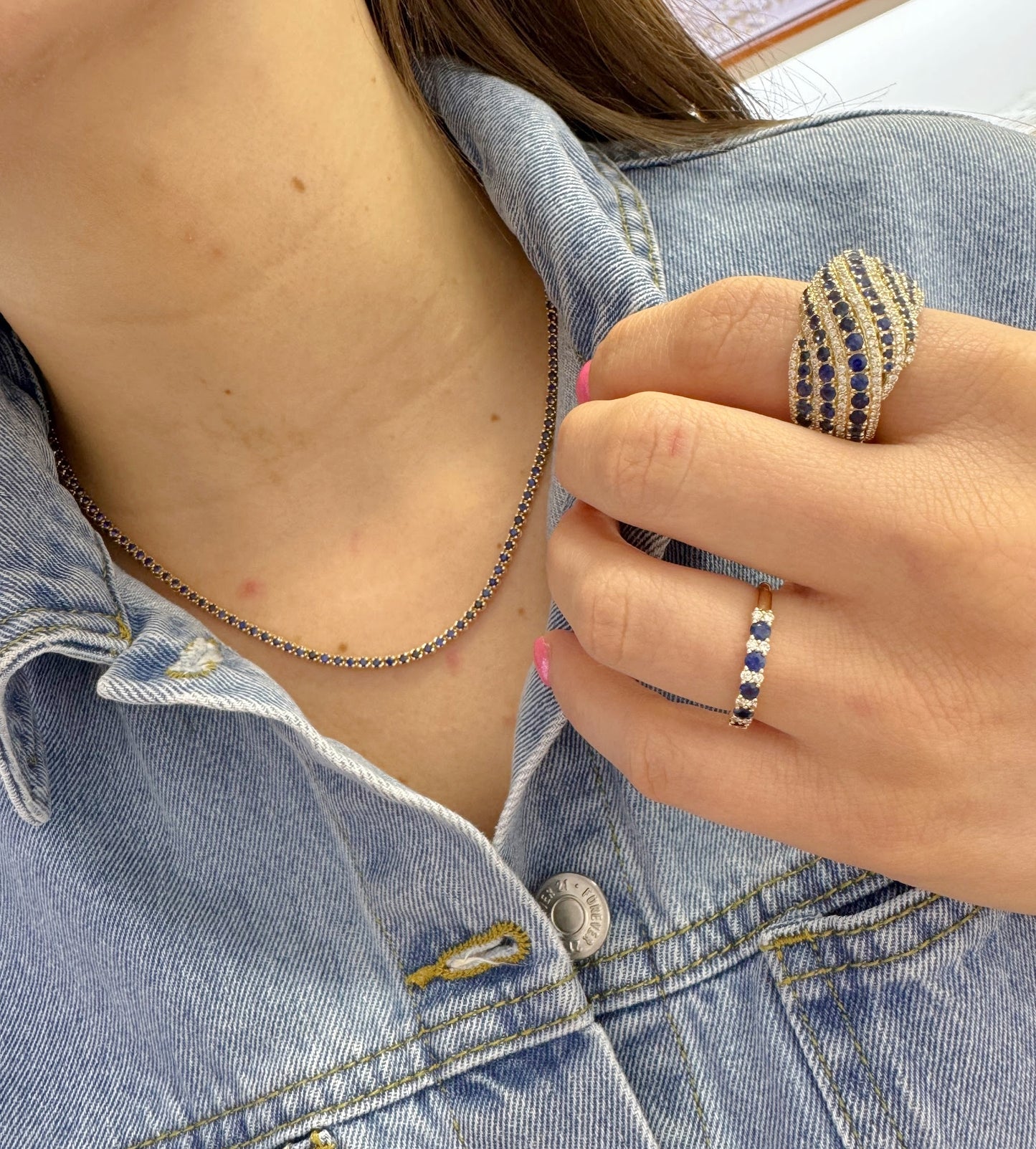 Color Stone And Diamond Station Band Ring