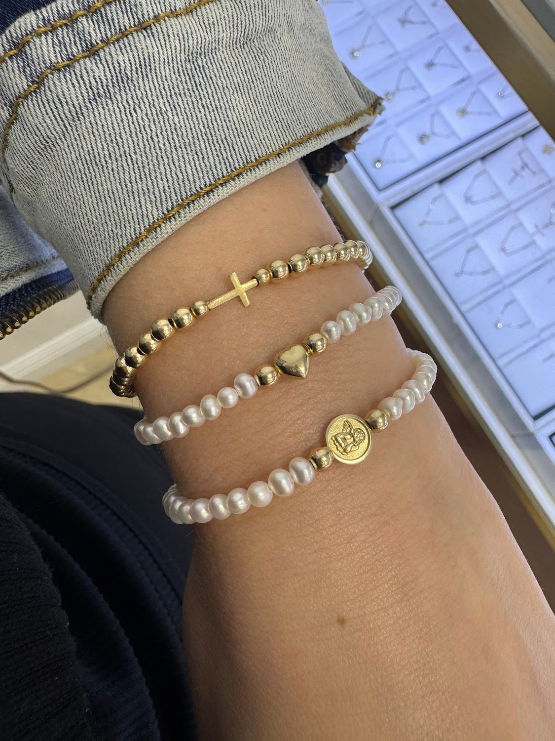 Mini Gold Cross Gold Filled Bead Elastic Bracelet