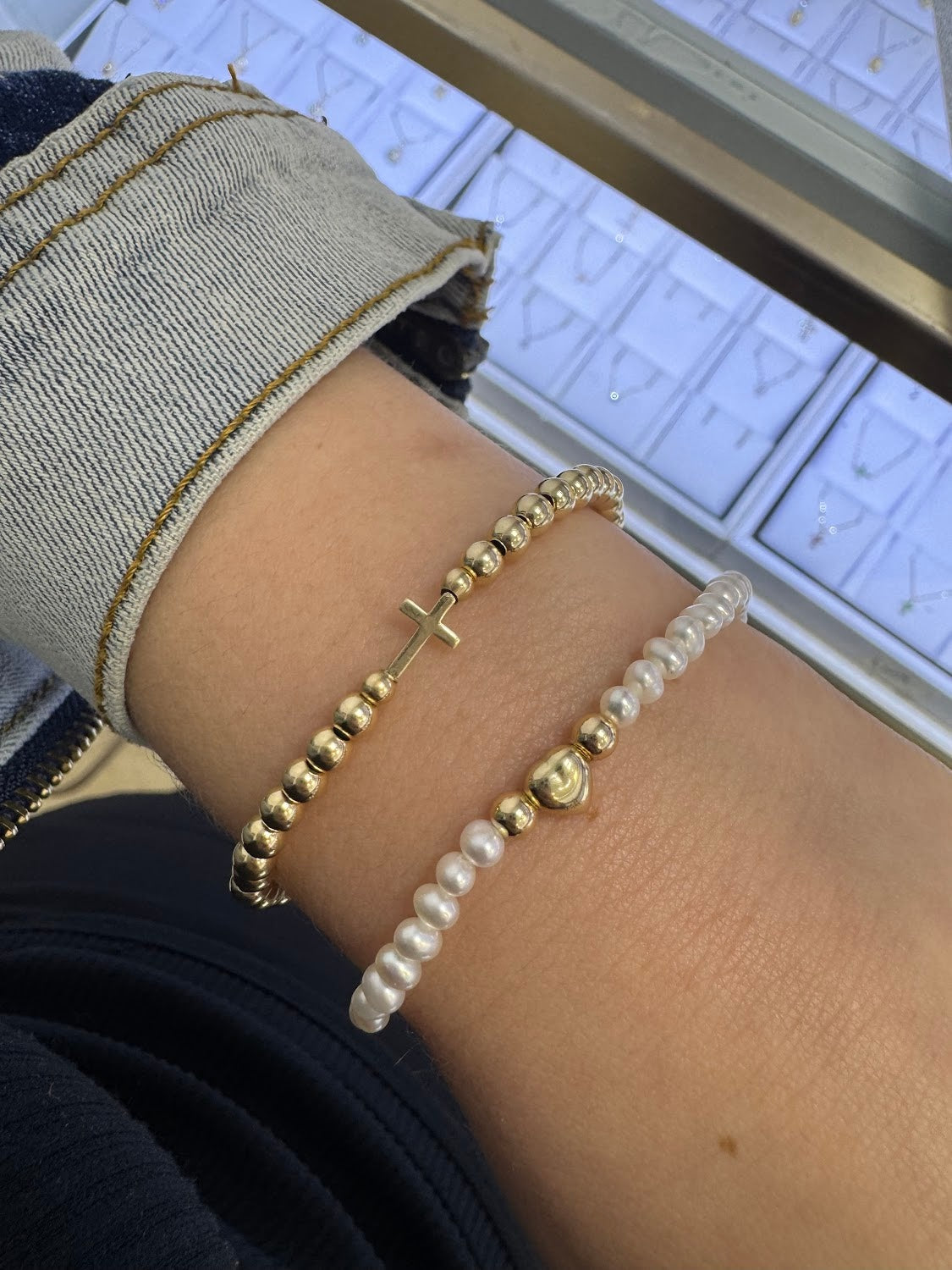 Mini Gold Cross Gold Filled Bead Elastic Bracelet