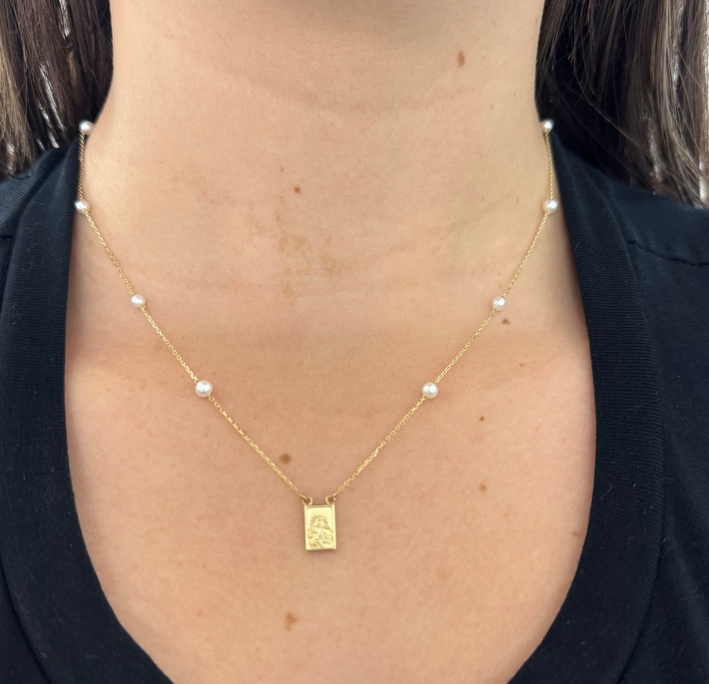 Single Small Scapular Medal on Pearl Necklace