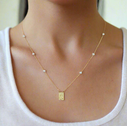 Single Small Scapular Medal on Pearl Necklace