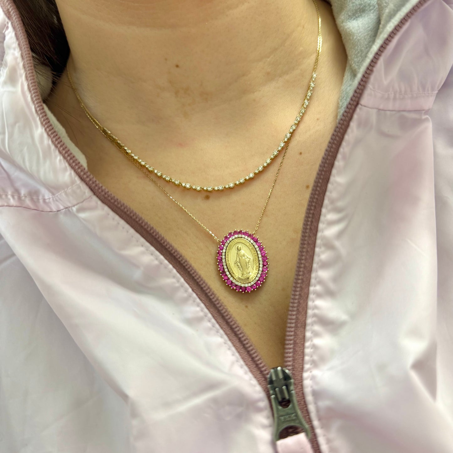 Large Miraculous Medal with Double Halo of Color Stones and Diamonds Necklace
